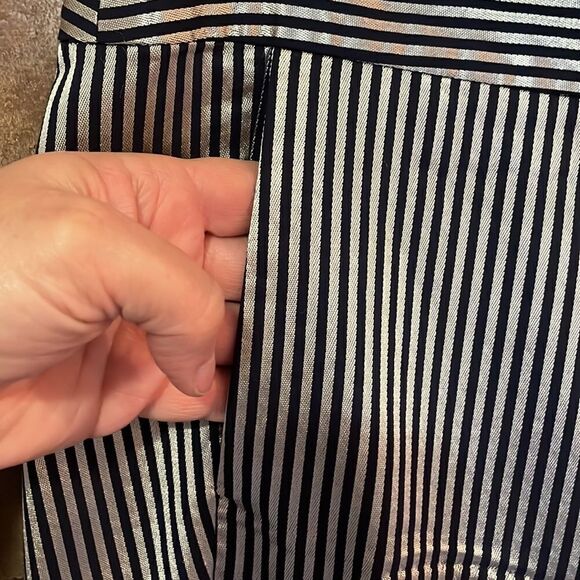 Michelle Mason Stripe Sateen Trouser Metallic vertical stripe navy trousers - Picture 2 of 9
